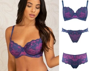 Pour Moi Amour Underwired Bra, Short or Brazilian Brief Blue / Pink 30-44 D-J - Picture 1 of 9