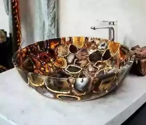 18" Round Natural Agate Stone Washbasin Handcrafted Gemstone Countertop Sink - Picture 1 of 4