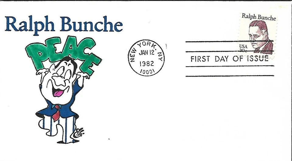 USA 1982 HAND PAINTED RICHARD ELLIS ANIMATED FDC RALPH BUNCHE + CACHET - Image 1 of 1