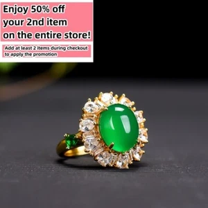 Green Jade Band Ring 18K Gold Plated Handmade Crystal Gemstone Adjustable Size - Picture 1 of 7