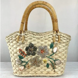 Vintage Straw Handbag Top Handle Raffia Floral Resortcore Summer Purse - Picture 1 of 8