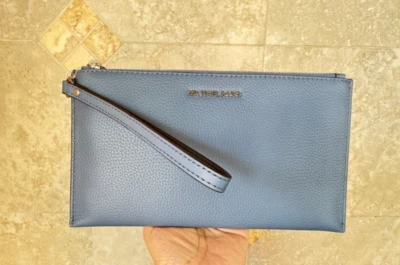 MICHAEL KORS JET SET TRAVEL LARGE CLUTCH LEATHER WRISTLET DENIM - Image 1 of 4