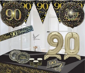 Age 90th & Happy Birthday Black Gold Party Decorations Bunting Banners Balloons - Picture 1 of 48