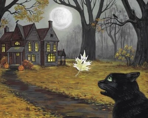 8x10 PRINT OF PAINTING RYTA HALLOWEEN Salem Folk Art Landscape Black Cat Ghost - Picture 1 of 1