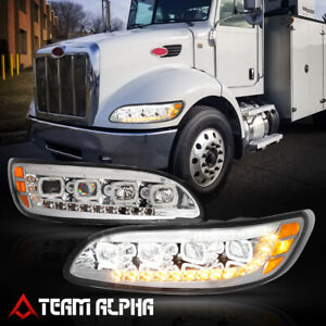 Fit 2008-2020 Peterbilt 328/348 {LED HALO+SEQUENTIAL} Chrome Projector Headlight