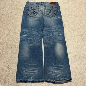 Artful Dodger Y2K Baggy Skater Acid Washed Embroidered Blue Jeans 38Wx33L - Picture 1 of 7