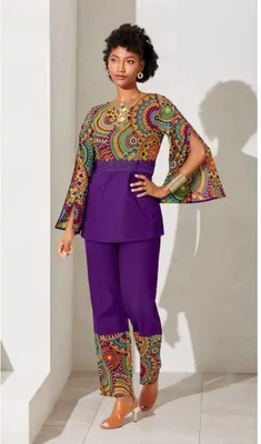 Size 1X PLUS Ashro Akachi Purple Multi Ethnic Pant Suit Set - Image 1 of 4