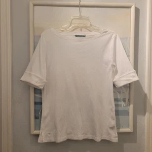 Lauren Ralph Lauren Damen XL Hemd einfarbig weiß 3/4 Arm U-Boot Ausschnitt Baumwolle - Bild 1 von 7