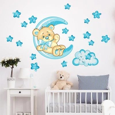 Wall Stickers Bedrooms Children Cloth Repositionable Bear Cub Bedtime Moon - Image 1 of 4