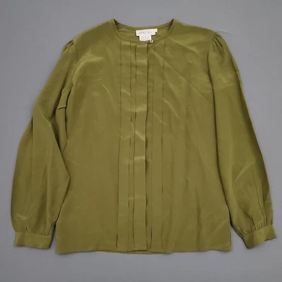 VINTAGE Spiegel Blouse Womens 12 Long Sleeve 100% Silk Button Up Pleated Green * - Image 1 of 4