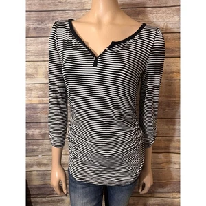 Casa Blanca Mercado Negro Rayas Cuello en V Manga 3/4 Parte Superior Lateral Acanalada Botón Perla - Imagen 1 de 6