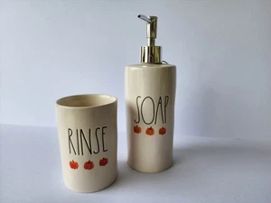 Rae Dunn New 2021 Fall Pumpkin Set/2 Soap Disp. & Rinse Glass - Picture 1 of 6