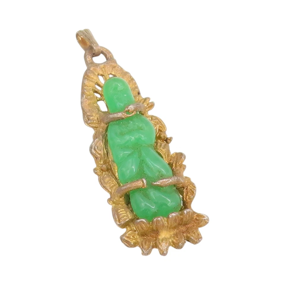 925 Sterling Silver Vintage Pendant Gold Plated Jade God On Lotus Carved PT24606 - Image 1 of 4