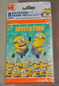 NEW MINION, DESPICABLE ME, BIRTHDAY PARTY INVITES, THANK-YOU POST CARDS, 8 EACH - Picture 1 of 3
