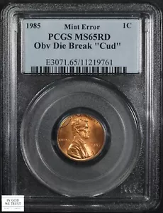 1985 Obv Die Break Cud Mint Error Lincoln Memorial Cent 1C PCGS MS 65 RD RED - Picture 1 of 5