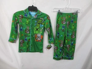 Minecraft Pajamas Child 4-5 Green Creeper Shirt Pants Button Up Long Sleeve Poly - Picture 1 of 10