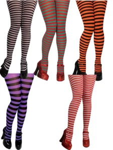 Ladies Striped Tights Fancy Dress Halloween Christmas Hooped Tights OS - Picture 1 of 8