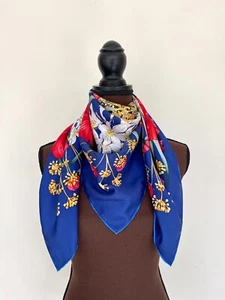 Display #1 New Salvatore Ferragamo Scarf Red White Floral Garden Blue Silk Wrap - Picture 1 of 14