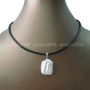 15x20mm White Freshwater Rectangle Pearl Pendant Black Leather Rope Necklace 18" - Picture 1 of 3