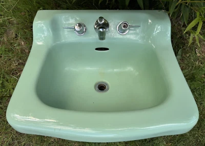 Vtg Mid Century Jadeite Green Enamel Metal Bathroom Sink 19"x17" - Image 1 of 4