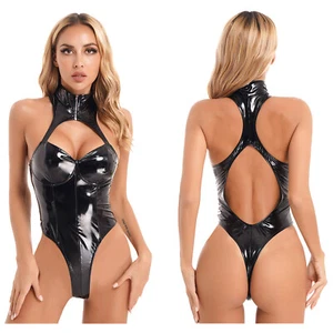 Women's U Neck Leather Bodysuit Shiny Wet Look Skinny Thong Catsuit Swimwear - Picture 1 of 64
