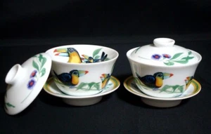 Authentic Hermes "Toucans" 2 Set Asian Tea Cup and Saucer and lid - Picture 1 of 9