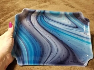 Fused Art Glass Tray Trinket Console Dish Rectangle scalloped corner blue purple - Picture 1 of 3
