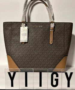 🐼💦 Michael Kors 🐼💦 MK  Aria Brown Shoulder Tote Bag Signature Monogram🐼GB30 - Picture 1 of 9