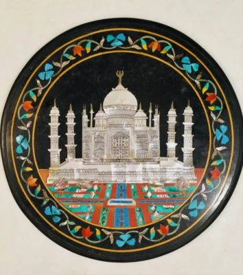 18" black Marble Table Top Pietra Dura Inlay Work Home Garden Decor - Image 1 of 2