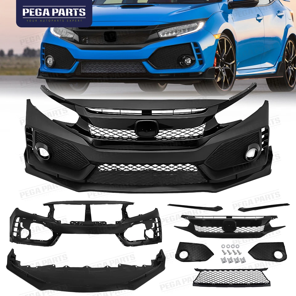 For 2016-2021 Honda Civic Type R Style Front Bumper Cover Kit with Grille & Lip Foto 1 de 4