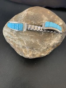 Blue Turquoise Corn Navajo Sterling Silver Inlay Band Watch Tips 12139 - Picture 1 of 12