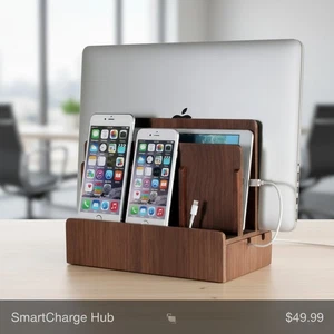Multi Device Charging Station Walnut for Laptops Tablets Smartphones Cable Or... - Picture 1 of 7