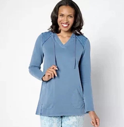 LOGO Life by Lori Goldstein Terry Pullover Hoodie Pintuck Black Large A630233