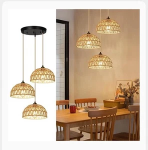3 Light Rattan Pendant Lights Boho Hand Woven Rattan Chandelier Coastal Lighting - Picture 1 of 8