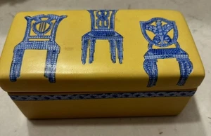 Mid Century Modern Handpainted Ceramic Yellow Trinket Box Blue Chairs - Picture 1 of 9