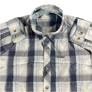 Simms Fishing Shirt Button Up Plaid Men's 2XL Blue Roll up Long Sleeve Nylon - Picture 1 of 17