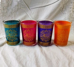 Rare Disney Aladdin Glasses Set of 4 Jewel Tone Gold Trim Moroccan Tea Juice HTF - Picture 1 of 13