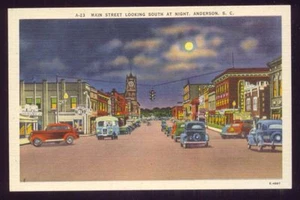 Cartolina Main St at Night ANDERSON SOUTH CAROLINA - Foto 1 di 1