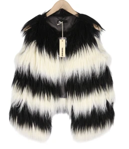 DIESEL L-Angus-A Women Waistcoat S Faux Fur Fluffy Striped Pockets Black & White - Picture 1 of 13