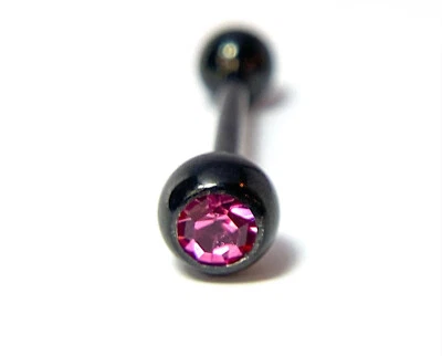 1pc Tongue Ring w/ Bezel Set Gem PVD over Steel Barbell Tounge 14g 5/8 (16mm) - Image 1 of 3