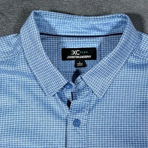 Johnston & Murphy XC Flex Shirt Mens Large Blue Grid Check Flip Cuff - Picture 1 of 13