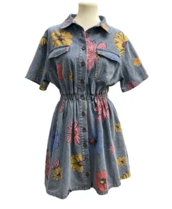 She + Sky Denim Romper Dress with Floral Print Size Medium - Picture 1 of 11
