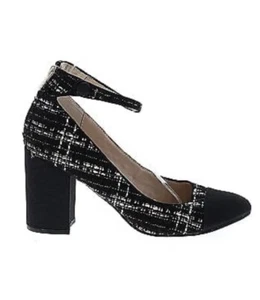 Unisa Black White & Gold Tweed Mary Jane T Strap Pumps Block Heel Size 7.5 - Picture 1 of 15