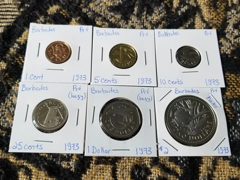 Barbados 1973 Partial Proof Set - 6 Coins - 1 Cent to 2 Dollars (hazy) Cover