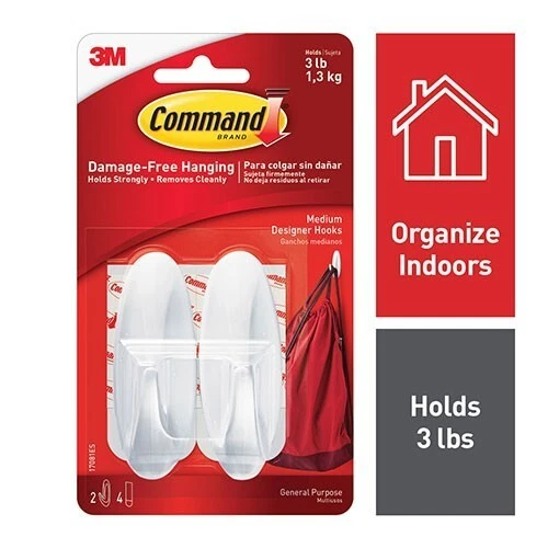 Command Medium Designer Hook 2/Pk White 3lb Capacity School Office Home Organize - Image 1 of 1