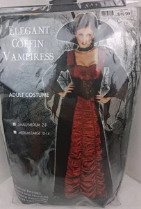Eleganter Sarg Vampirin Erwachsenenkostüm Größe Sm/Med 2-8 Kleid Halsband Neu in Verpackung schwarz rot - Bild 1 von 6
