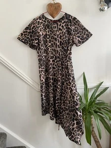 Leopard Print Silky Non-cease Light Floaty Asymmetrical Hanky Hem Midi Dress 14 - Picture 1 of 15