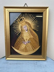 Our Lady of the Gate Dawn Mother Mary Straw Religious Art Poland Marquetry Frame - Picture 1 of 4