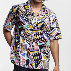 Massive Button Down Shirt Short Sleeves Geometric 1990s Style Print Small Unisex - Picture 1 of 9