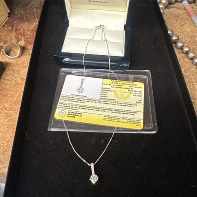 1 Carat Round Shape Lab Grown Diamond Necklace In 14K White Gold & 14k Chain - Image 1 of 4